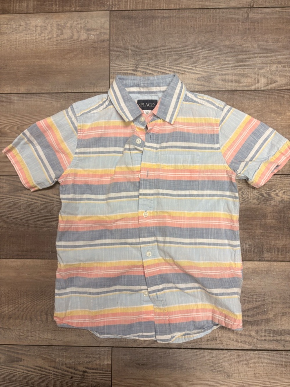 Place kids Short Sleeve Button-Up Shirt in Light Blue, Pink, Yellow Stripes